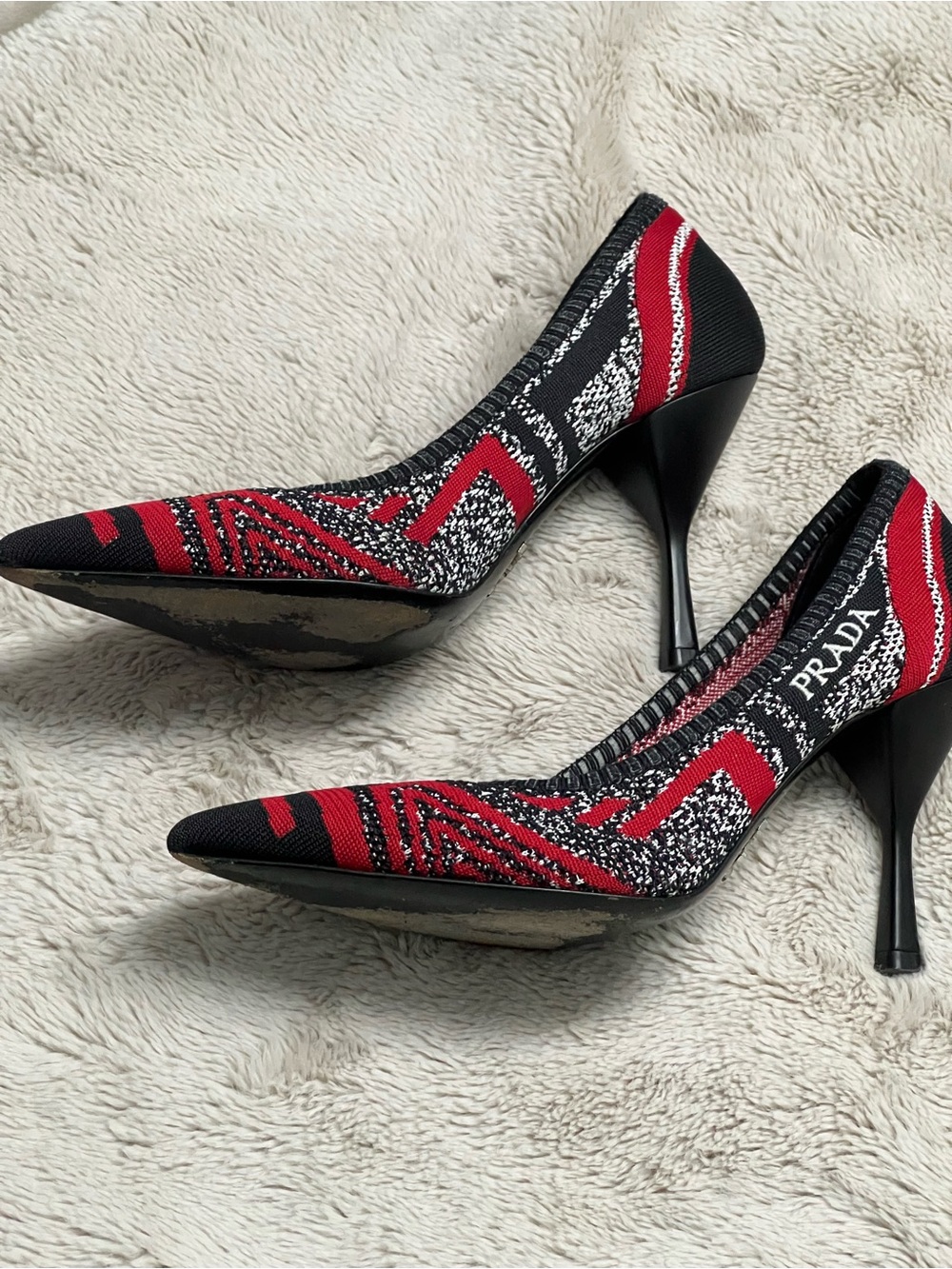 Prada Red, Black & White Patterned Pointed-Toe Heels